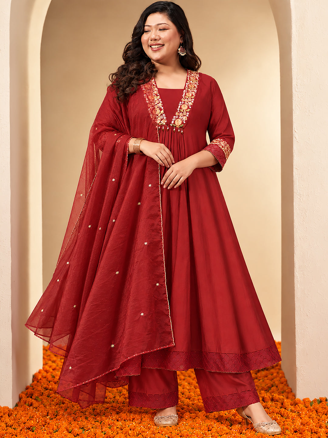 Janasya Women's Plus Size Maroon Chanderi Silk Floral Yoke Embroidered A-Line Kurta Set