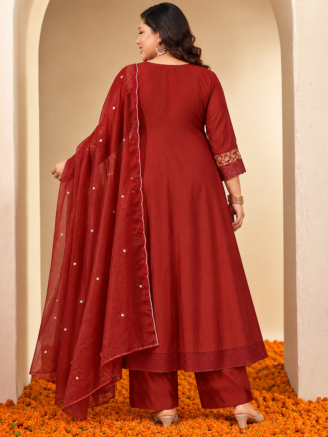 Janasya Women's Plus Size Maroon Chanderi Silk Floral Yoke Embroidered A-Line Kurta Set
