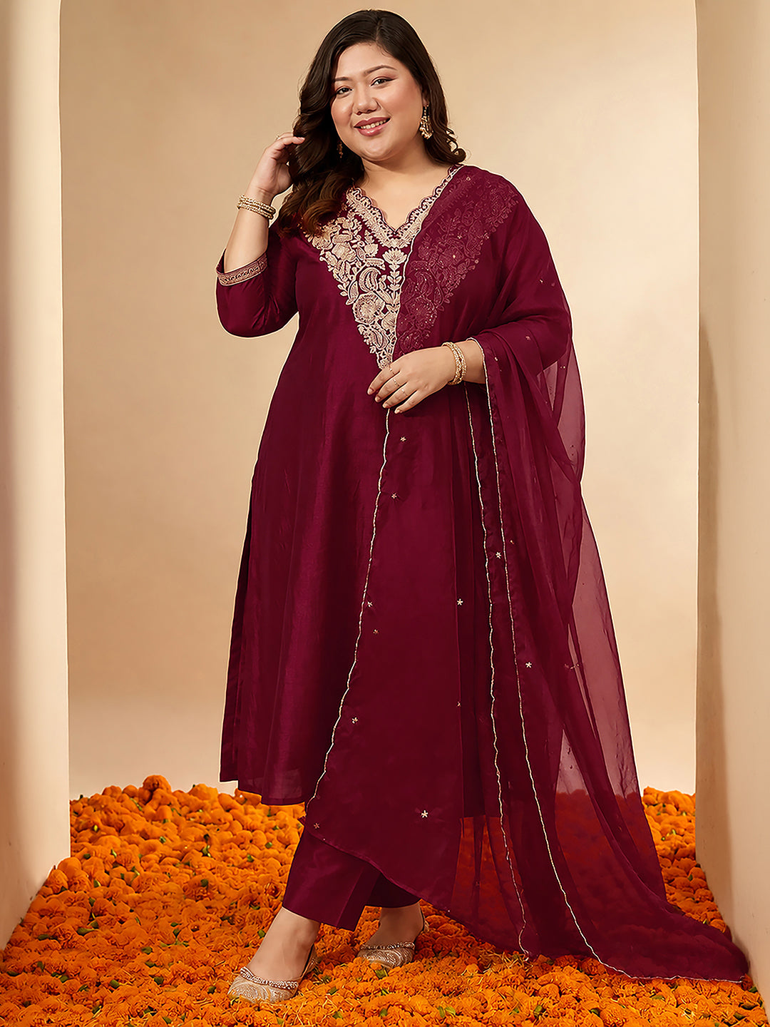 Janasya Women's Plus Size Maroon Silk Blend Floral Zari Embroidered A-Line Kurta Set