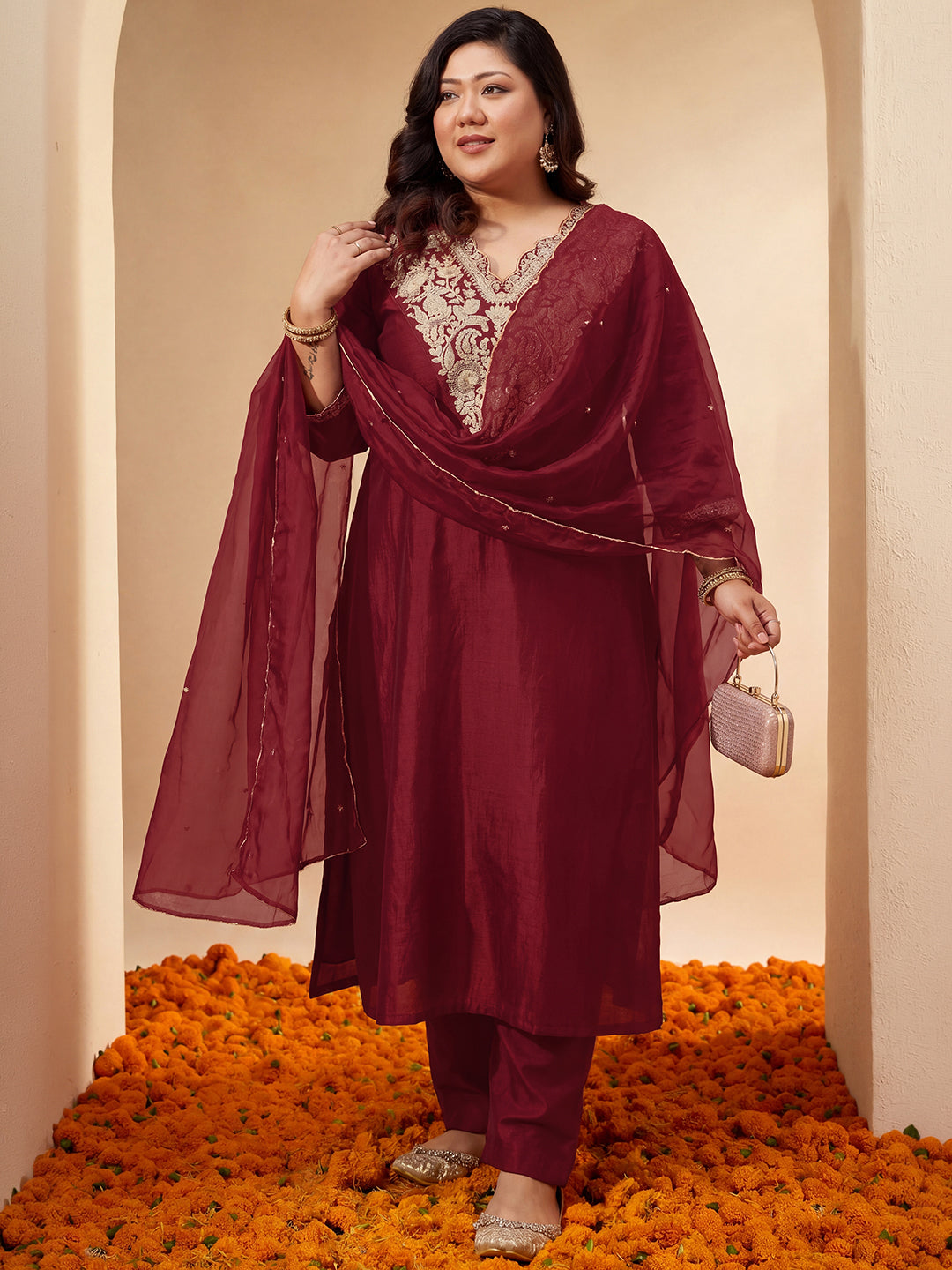 Janasya Women's Plus Size Maroon Silk Blend Floral Zari Embroidered A-Line Kurta Set