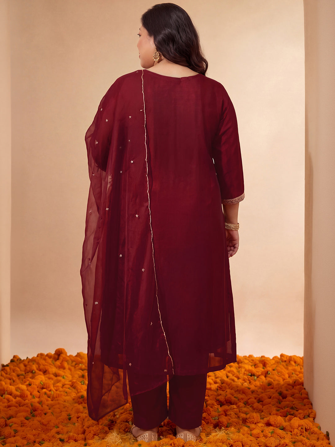Janasya Women's Plus Size Maroon Silk Blend Floral Zari Embroidered A-Line Kurta Set