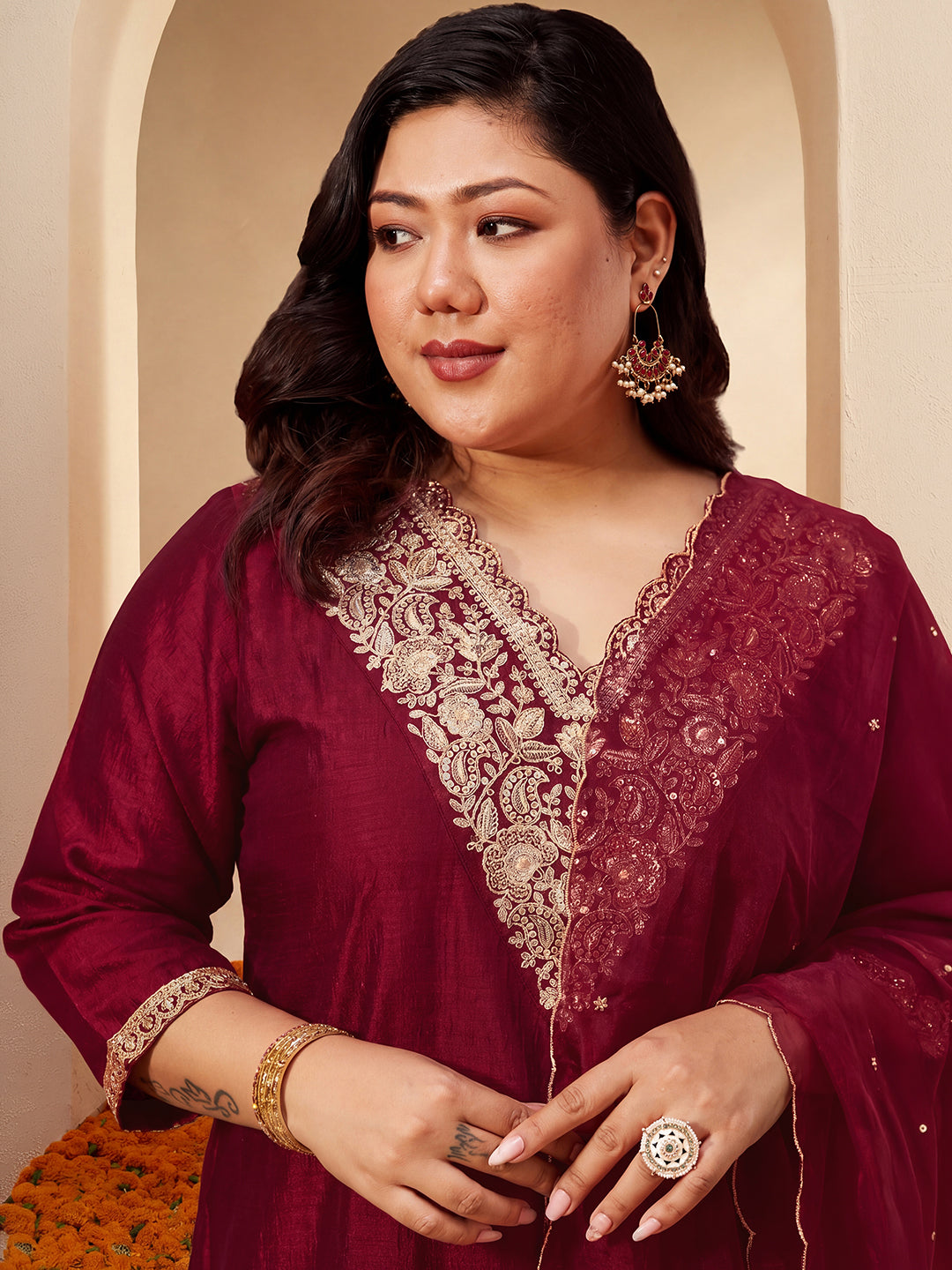 Janasya Women's Plus Size Maroon Silk Blend Floral Zari Embroidered A-Line Kurta Set