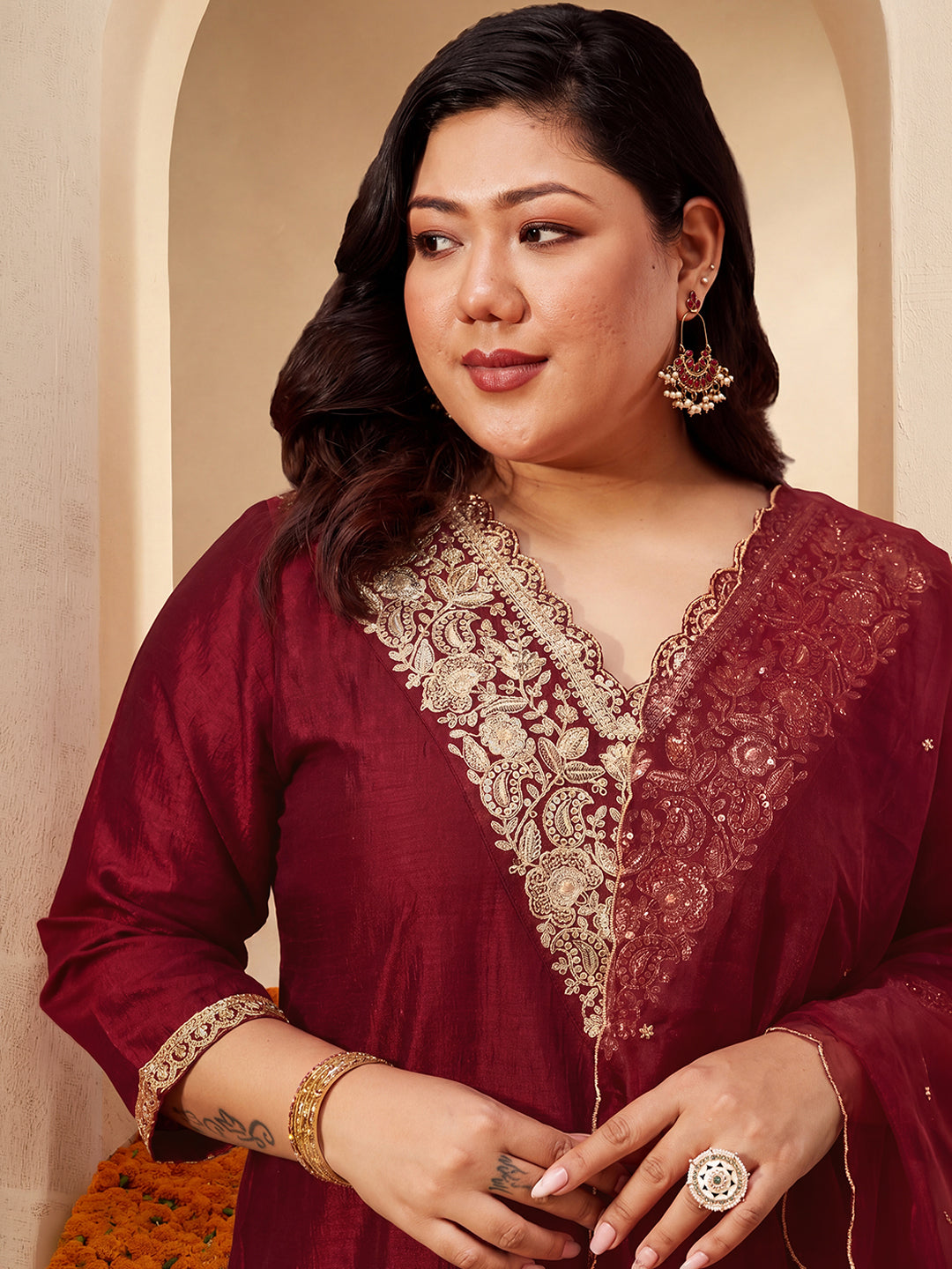 Janasya Women's Plus Size Maroon Silk Blend Floral Zari Embroidered A-Line Kurta Set