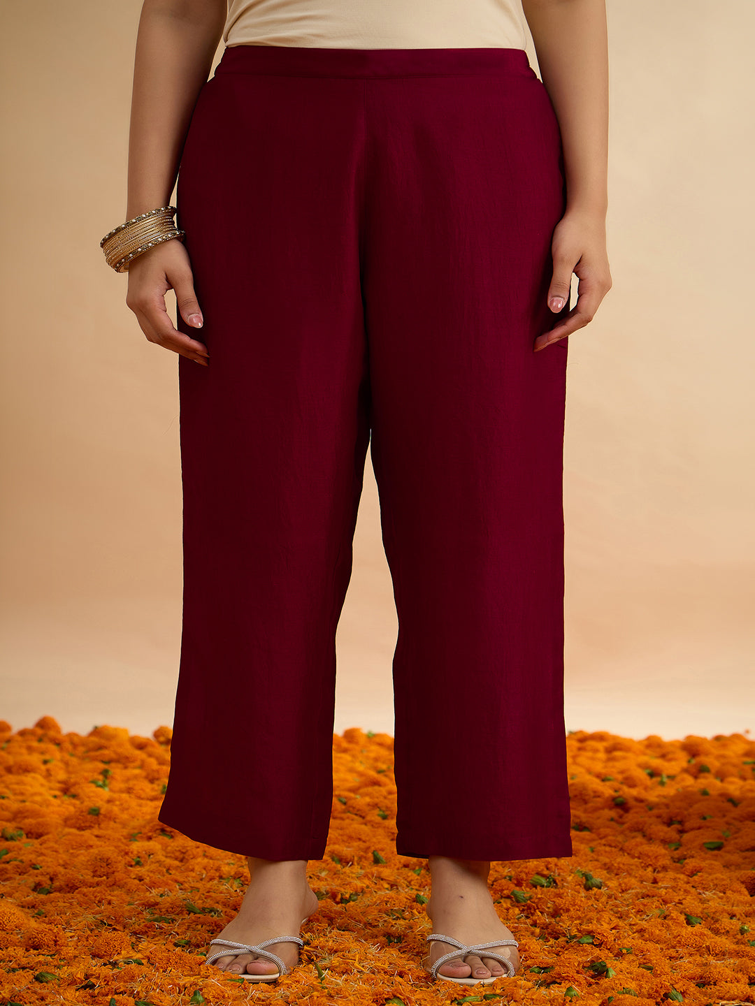 Janasya Women's Plus Size Maroon Silk Blend Floral Zari Embroidered A-Line Kurta Set