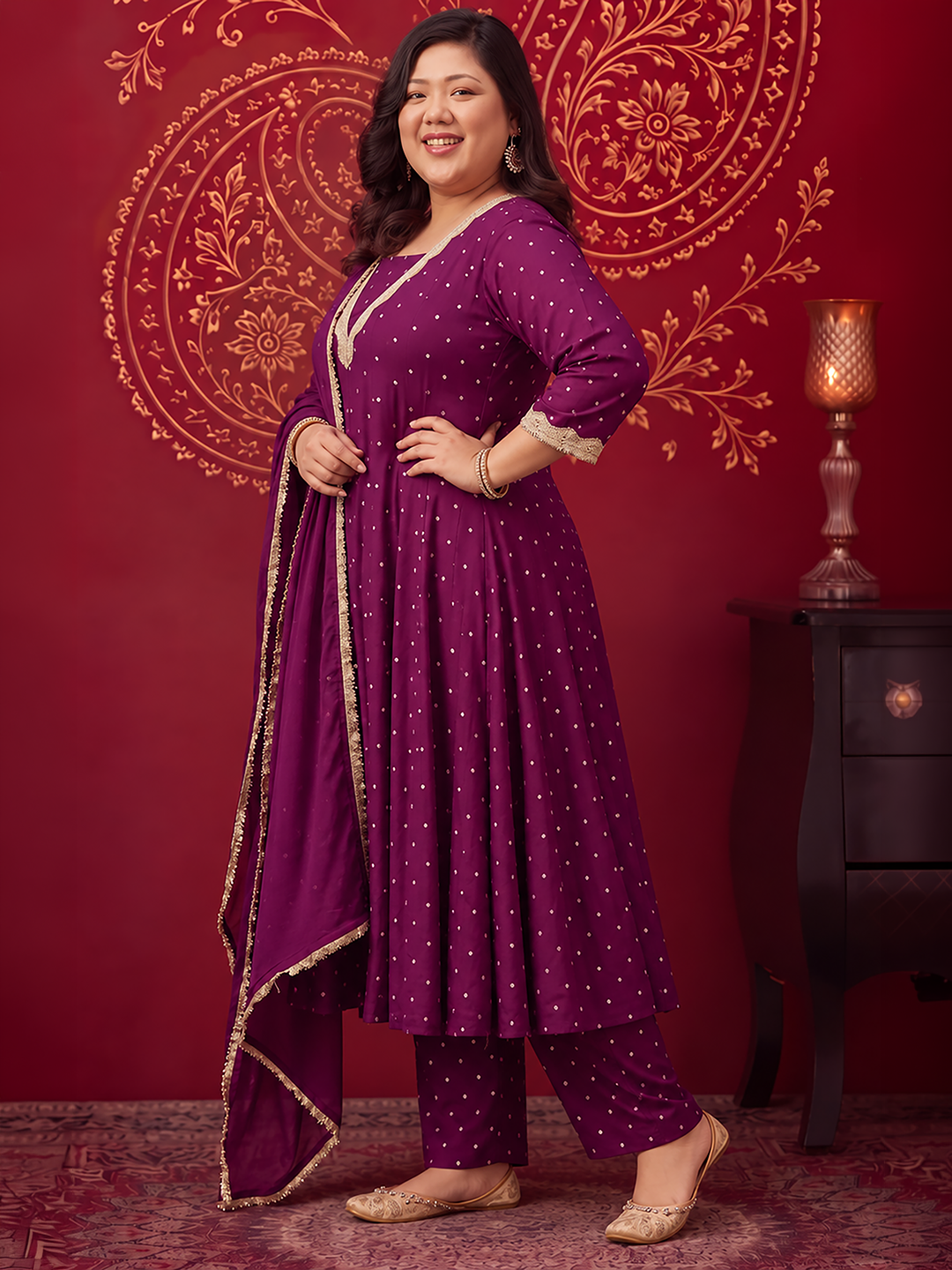 Janasya Women's Plus Size Purple Rayon Embellished Bandhani Foil Printed Anarkali Kurta Set