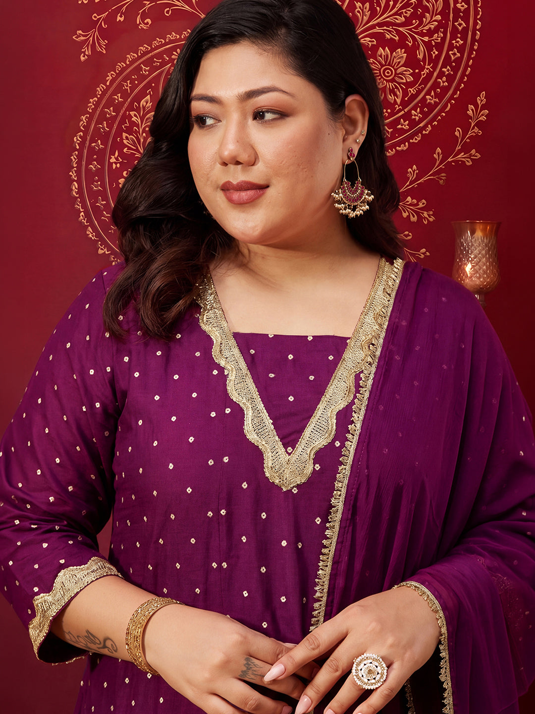 Janasya Women's Plus Size Purple Rayon Embellished Bandhani Foil Printed Anarkali Kurta Set