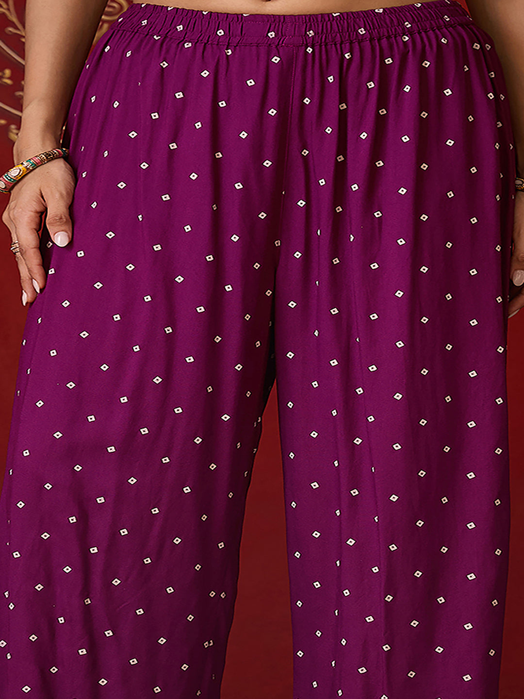 Janasya Women's Plus Size Purple Rayon Embellished Bandhani Foil Printed Anarkali Kurta Set