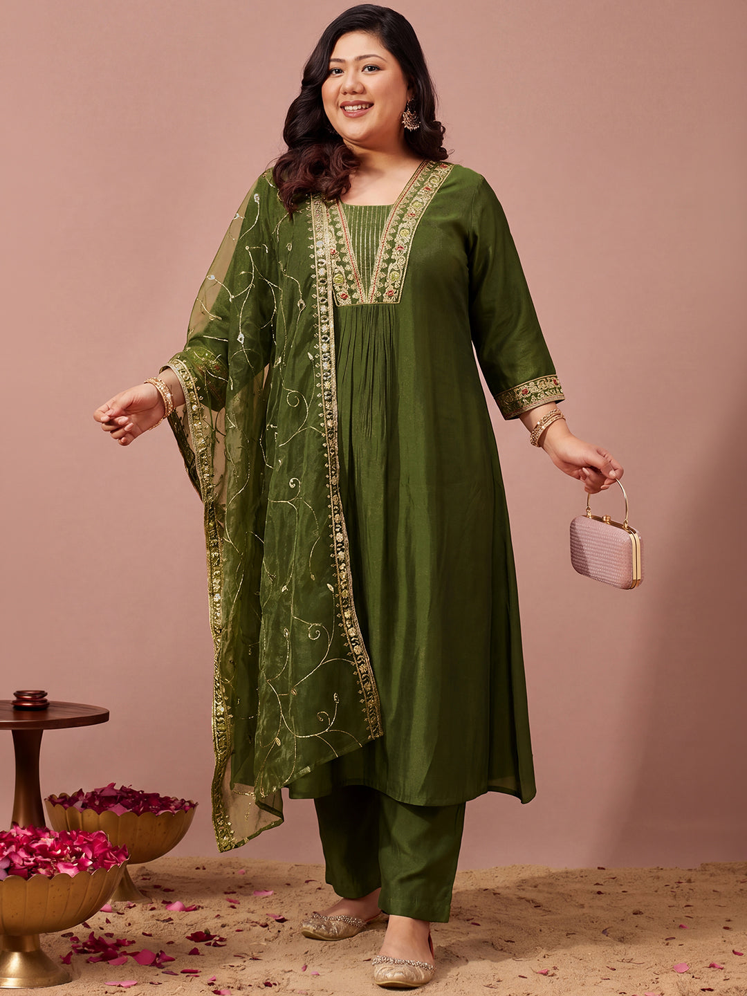Janasya Women's Plus Size Olive Green Chanderi Silk Floral Yoke Embroidered A-Line Kurta Set