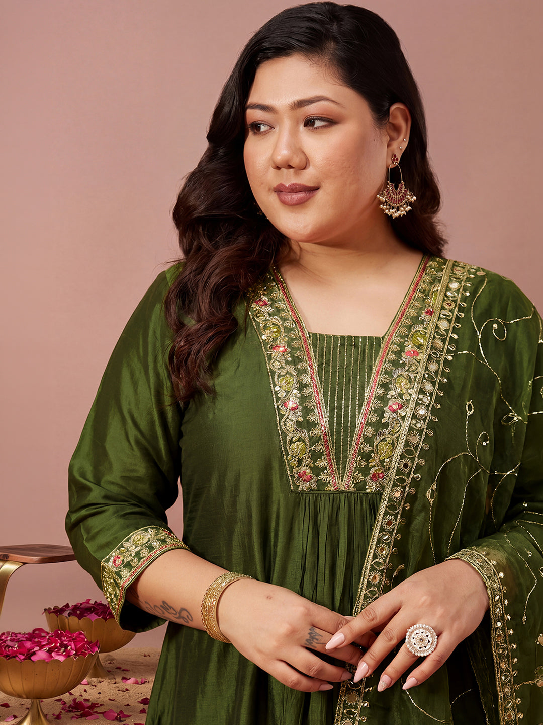 Janasya Women's Plus Size Olive Green Chanderi Silk Floral Yoke Embroidered A-Line Kurta Set