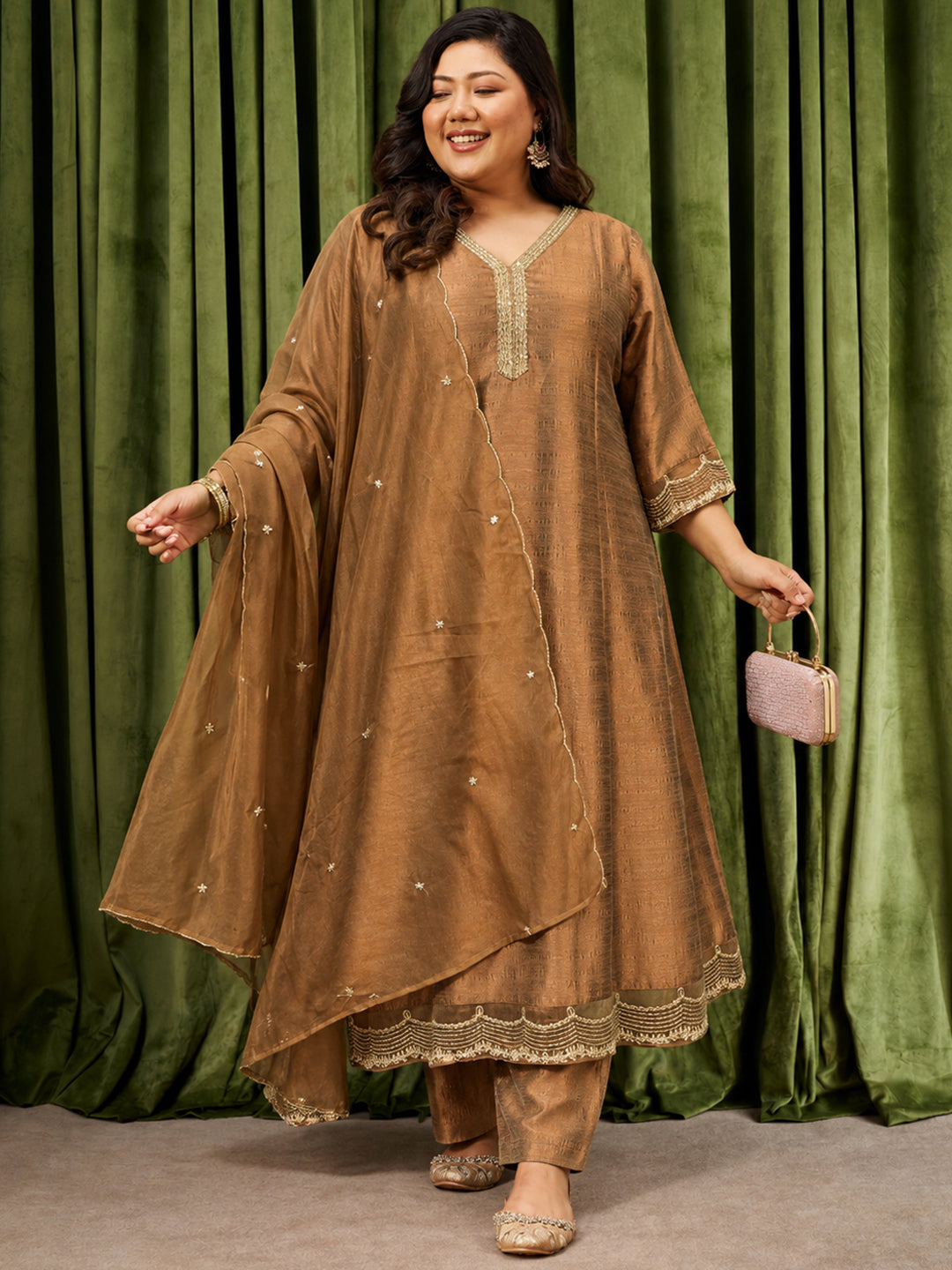 Janasya Women's Plus Size Bronze Silk Blend Embroidered Anarkali Kurta Set
