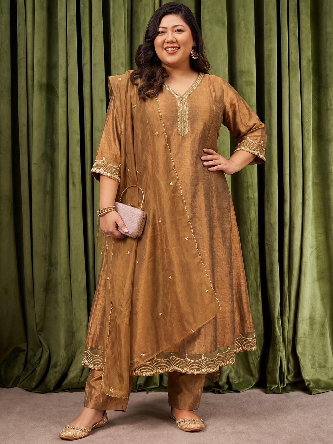 Janasya Women's Plus Size Bronze Silk Blend Embroidered Anarkali Kurta Set