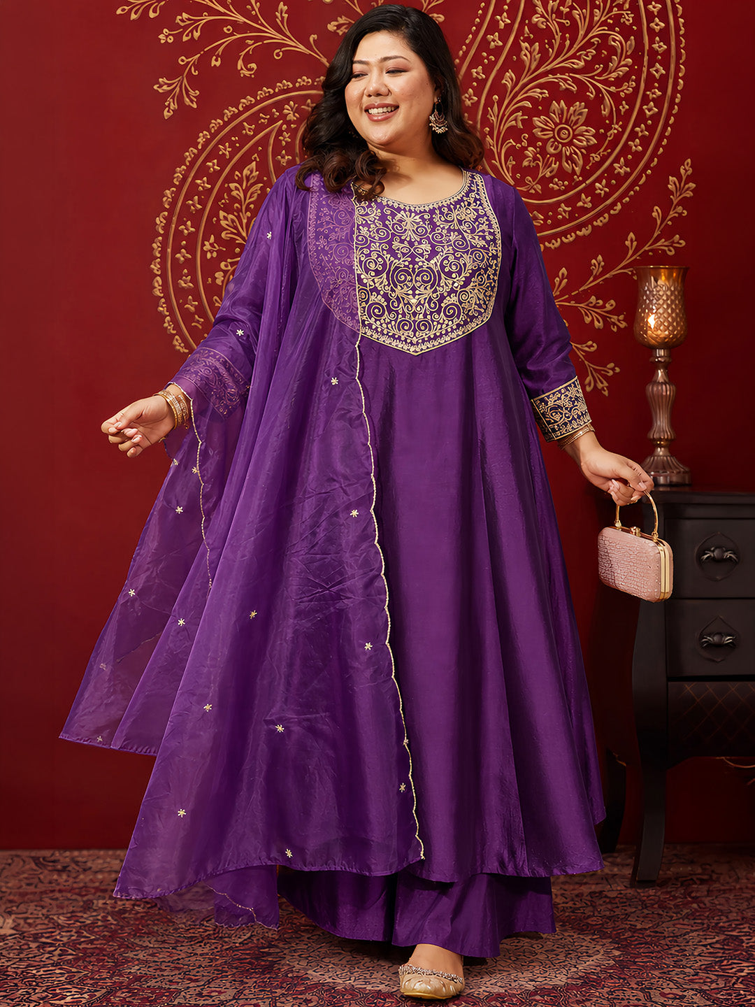 Janasya Women’s Plus Size Purple Silk Blend Zari Embroidered Anarkali Kurta Set