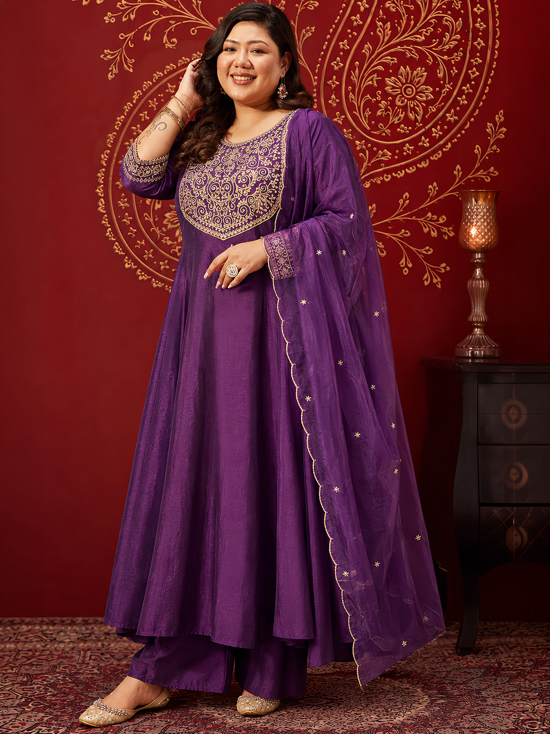 Janasya Women’s Plus Size Purple Silk Blend Zari Embroidered Anarkali Kurta Set