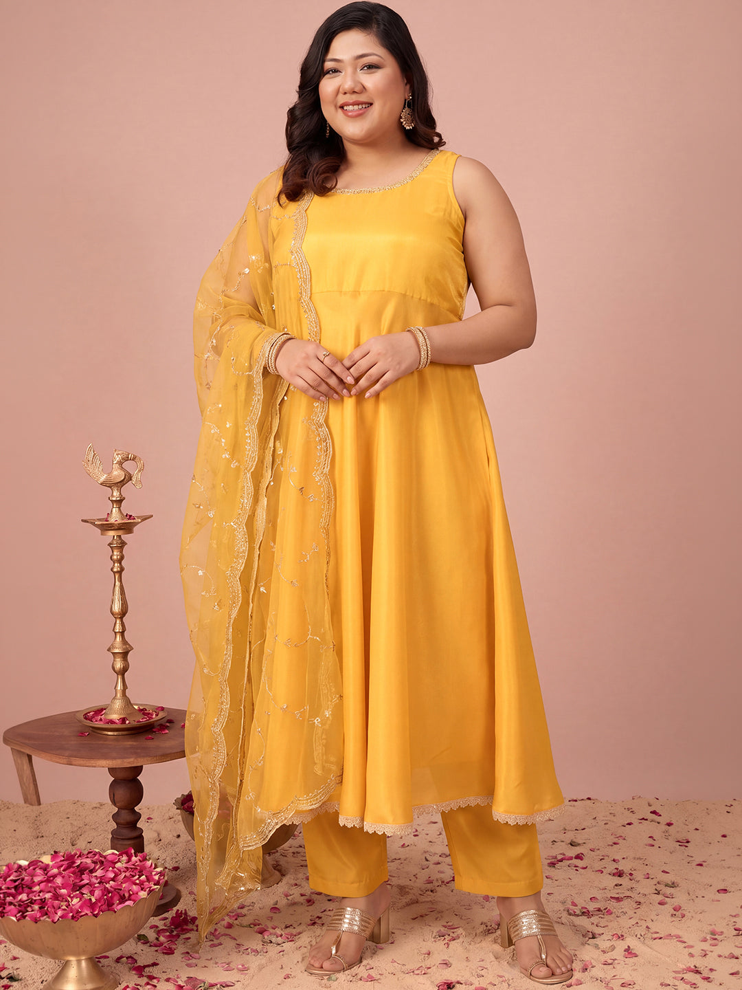 Janasya Women's Plus Size Yellow Silk Blend Solid A-Line Kurta Set with Embroidered Dupatta