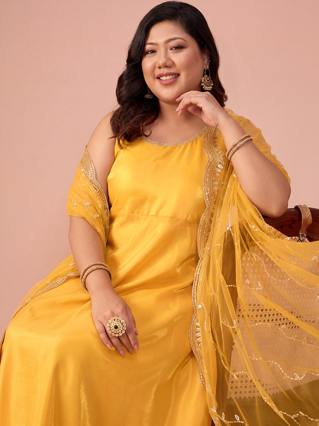 Janasya Women's Plus Size Yellow Silk Blend Solid A-Line Kurta Set with Embroidered Dupatta