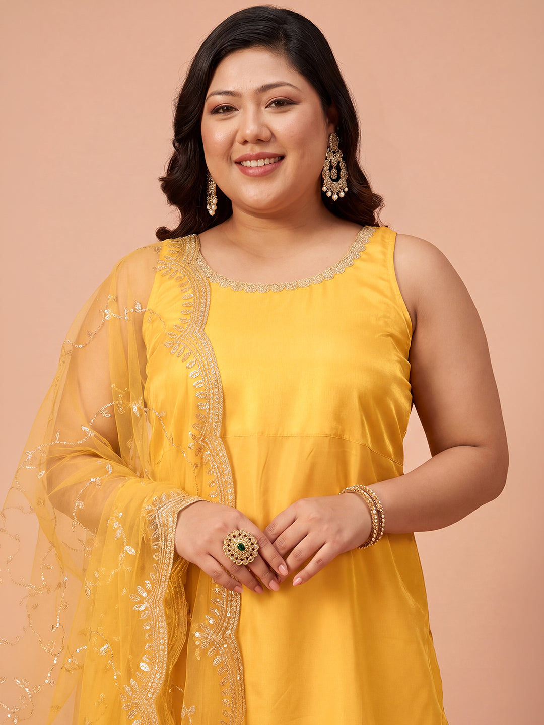 Janasya Women's Plus Size Yellow Silk Blend Solid A-Line Kurta Set with Embroidered Dupatta