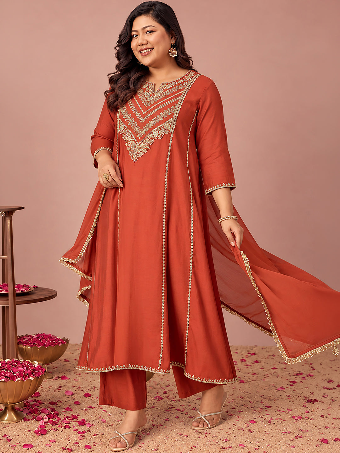 Janasya Women's Plus Size Rust Chanderi Silk Floral Sequins And Zari Embroidered Anarkali Kurta Set