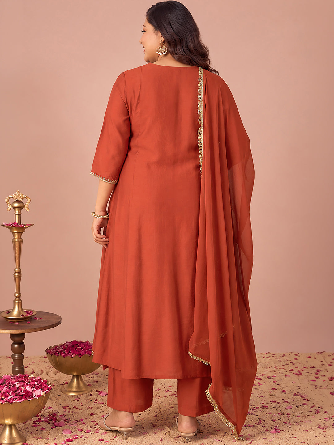Janasya Women's Plus Size Rust Chanderi Silk Floral Sequins And Zari Embroidered Anarkali Kurta Set