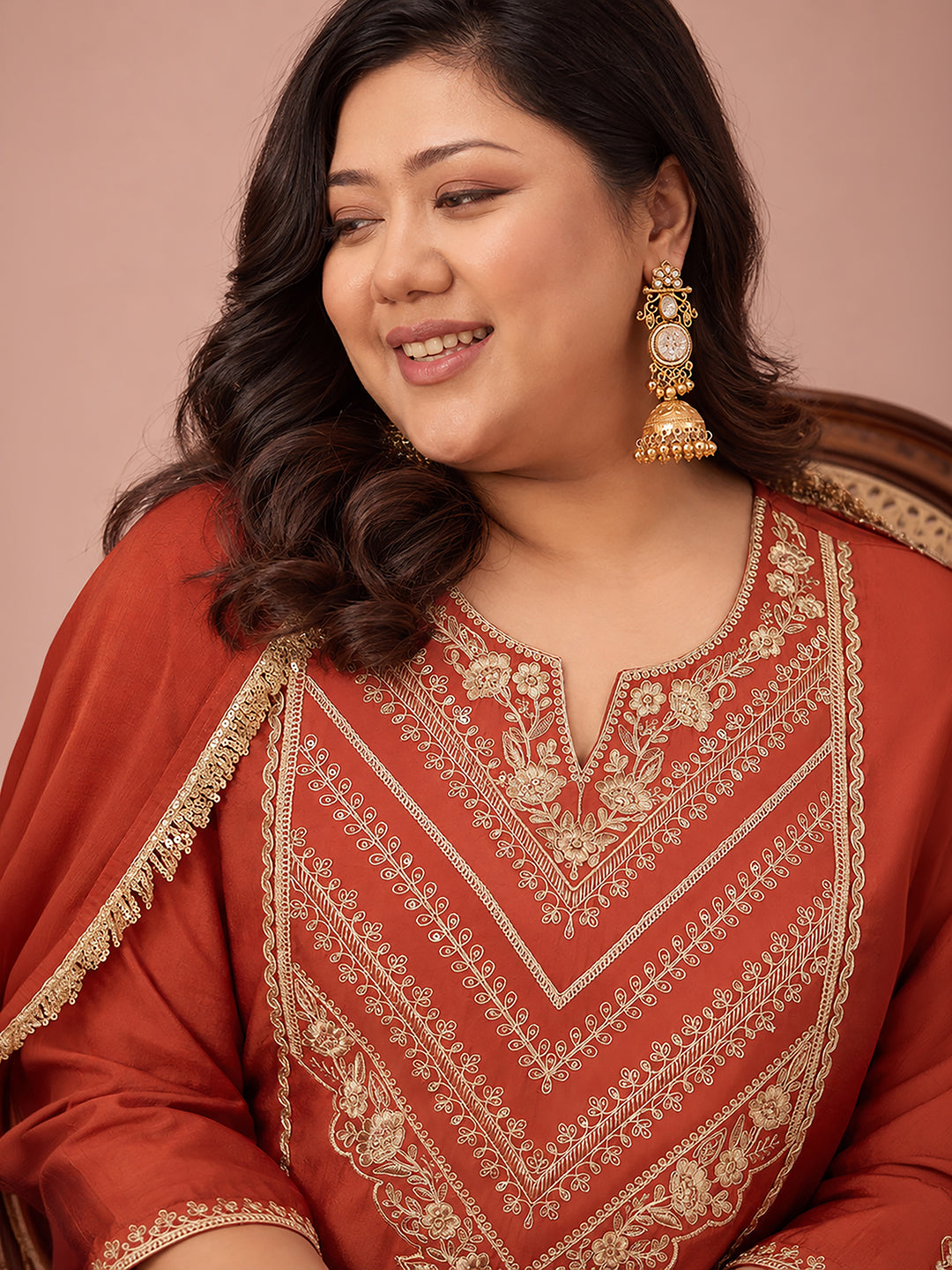 Janasya Women's Plus Size Rust Chanderi Silk Floral Sequins And Zari Embroidered Anarkali Kurta Set