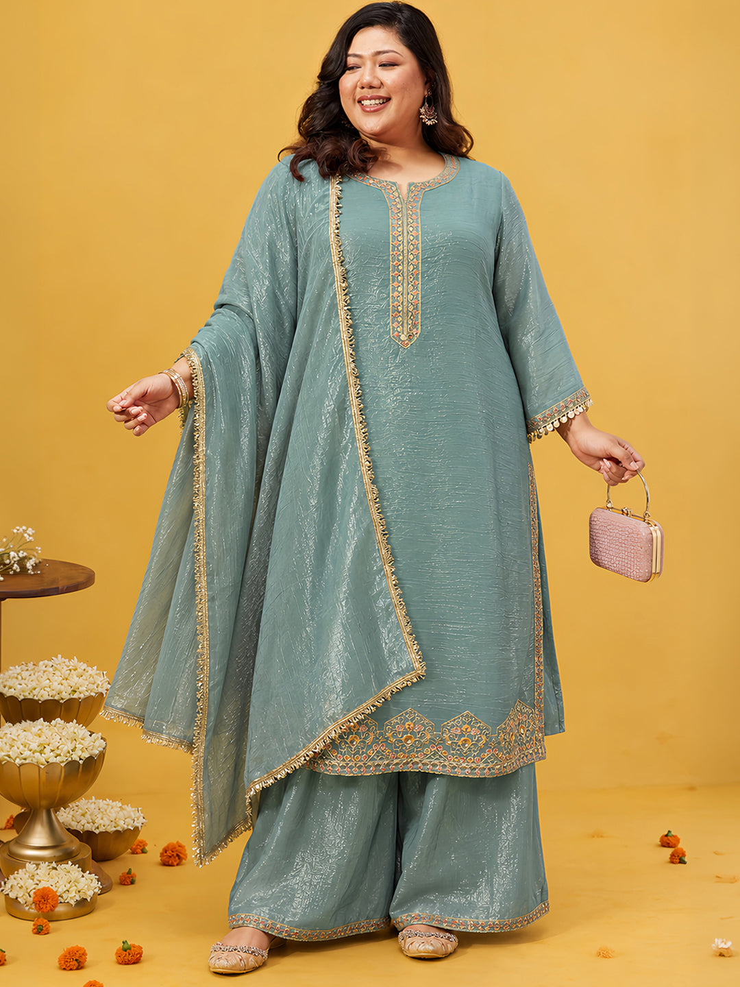 Janasya Women's Sea Green Plus Size Tissue Silk Floral Embroidered Straight Kurta with Palazzo And Dupatta Set