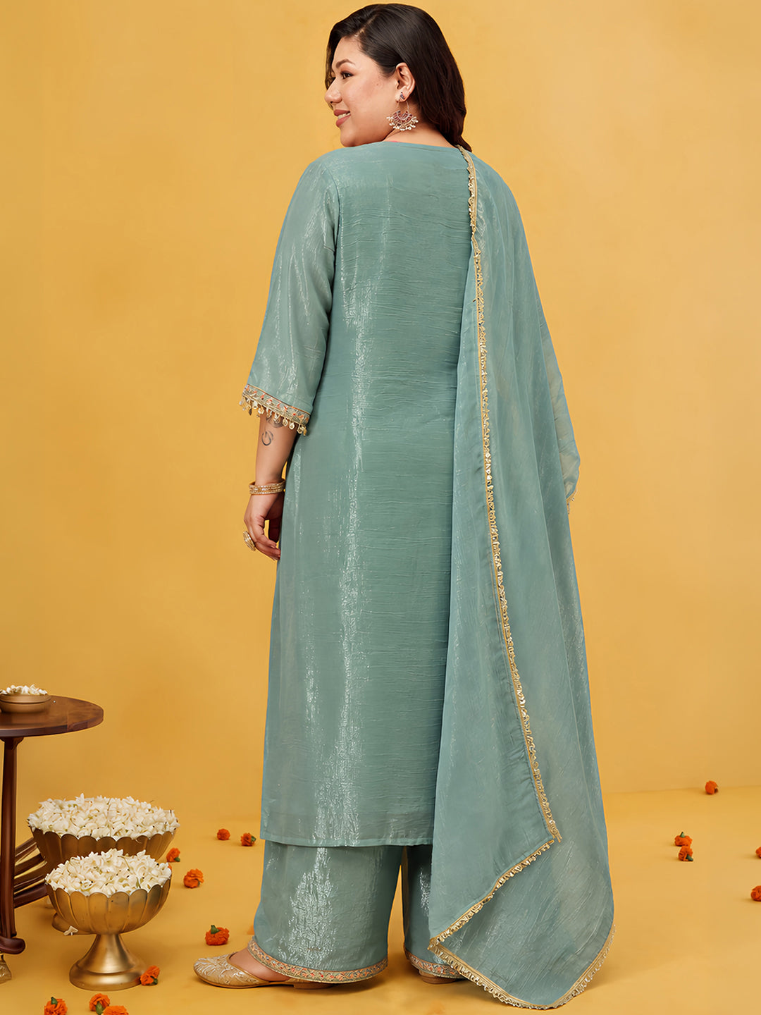 Janasya Women's Sea Green Plus Size Tissue Silk Floral Embroidered Straight Kurta with Palazzo And Dupatta Set