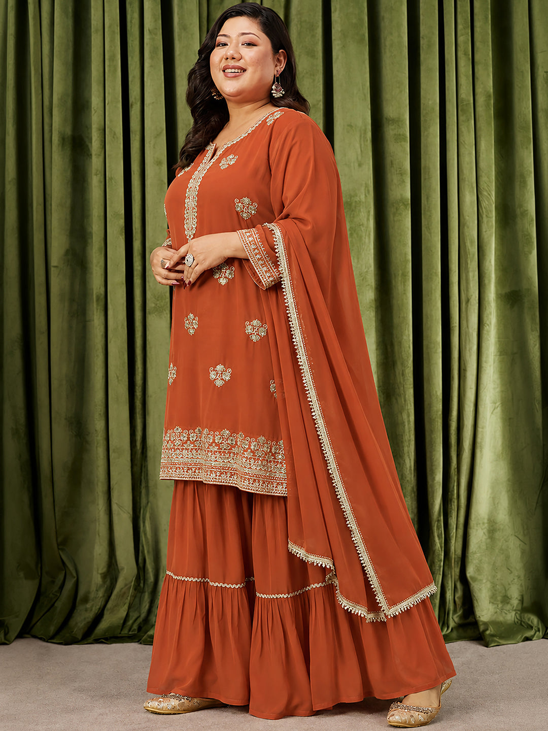 Janasya Women's Plus Size Rust Georgette Floral Zari Embroidered Straight Kurta with Sharara And Dupatta Set