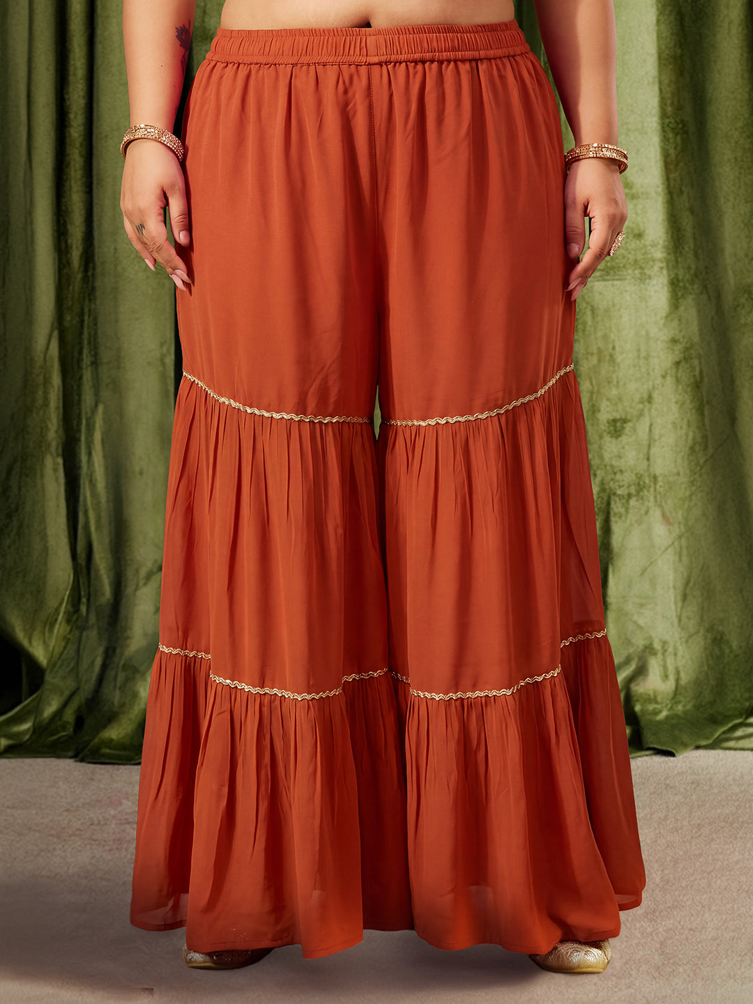 Janasya Women's Plus Size Rust Georgette Floral Zari Embroidered Straight Kurta with Sharara And Dupatta Set