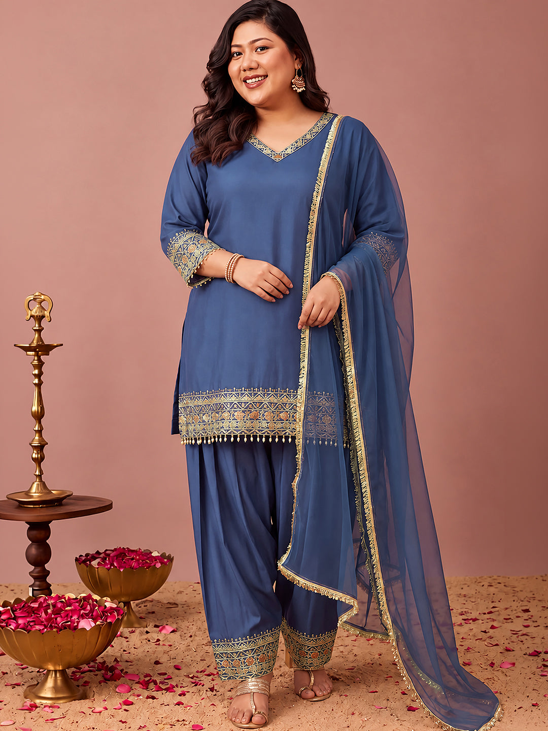 Janasya Women's Plus Size Navy Blue Chanderi Silk Floral Sequins And Zari Embroidered Straight Kurta Salwar Set