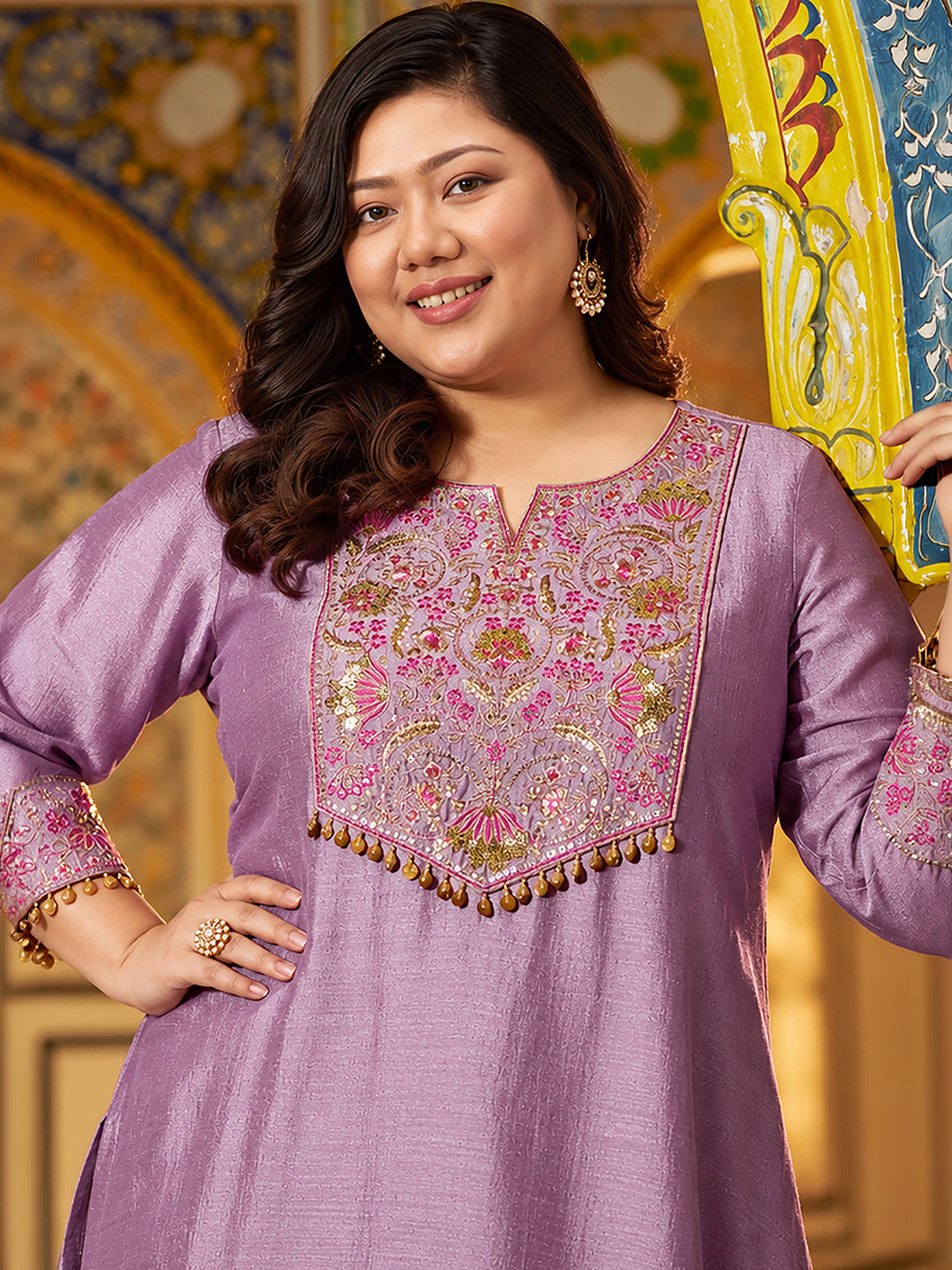 Janasya Women's Plus Size Lavender Silk Blend Floral Pear And Zari Embroidered A-Line Kurta Set