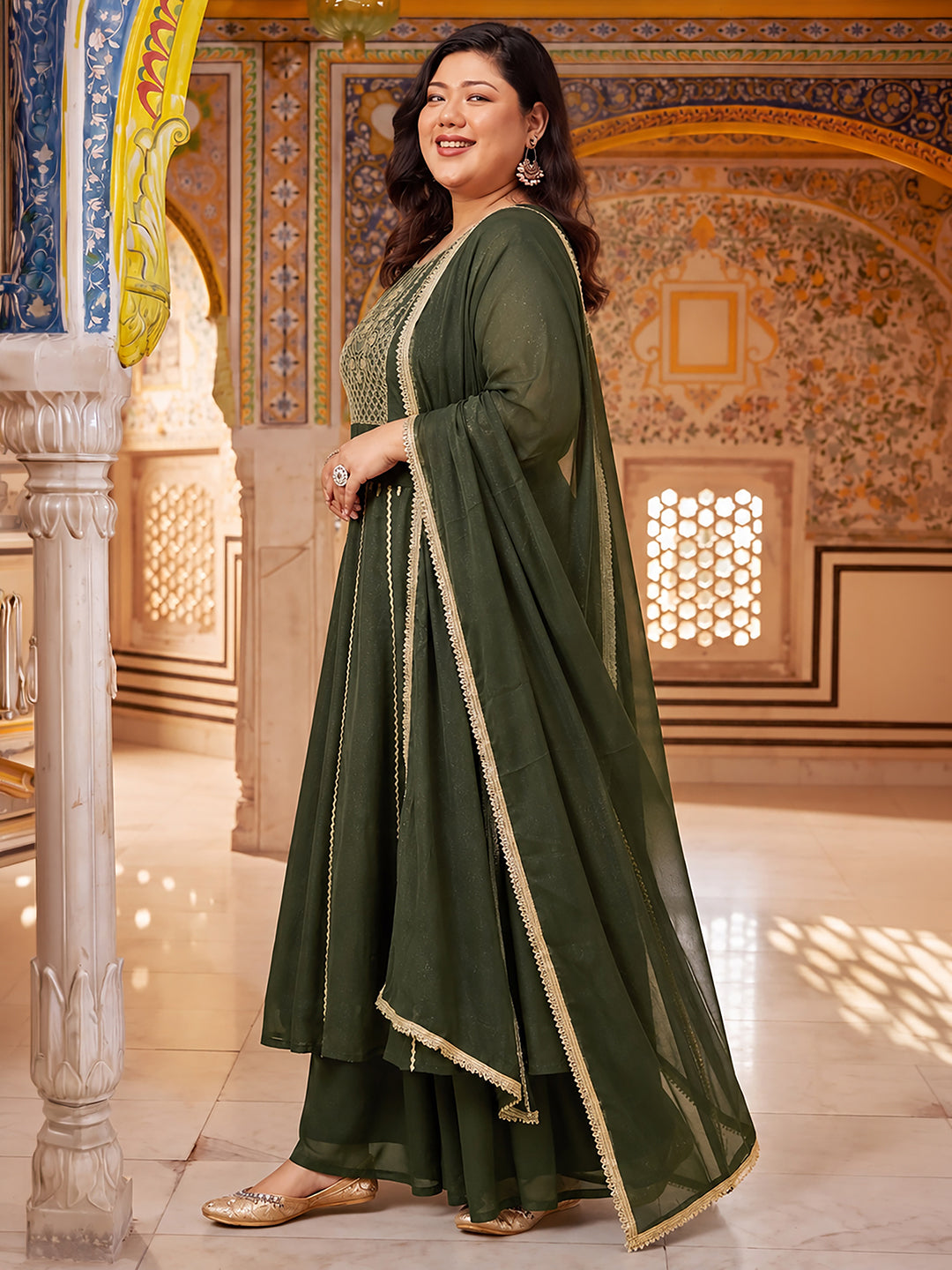 Janasya Women's Plus Size Olive Green Georgette Floral Embroidered Anarkali Kurta Set