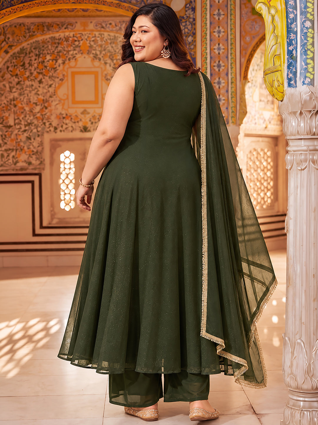 Janasya Women's Plus Size Olive Green Georgette Floral Embroidered Anarkali Kurta Set