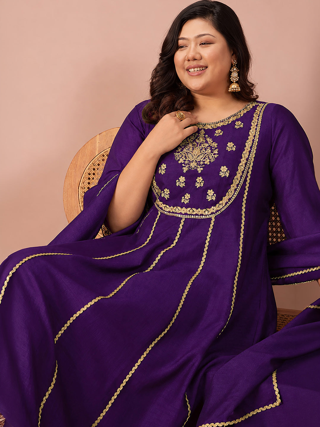 Janasya Women's Plus Size Purple Silk Blend Floral Zari Embroidered Anarkali Kurta Set