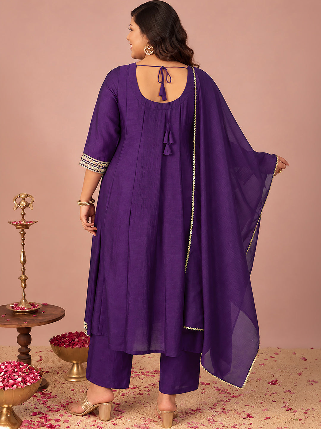 Janasya Women's Plus Size Purple Silk Blend Floral Zari Embroidered Anarkali Kurta Set
