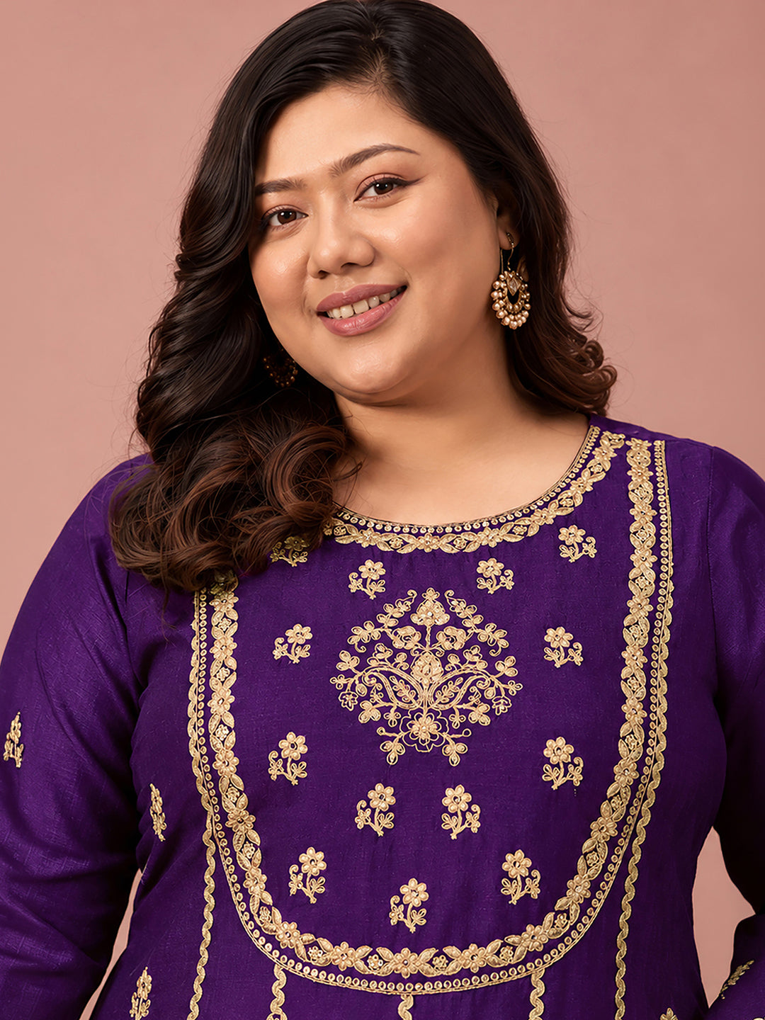 Janasya Women's Plus Size Purple Silk Blend Floral Zari Embroidered Anarkali Kurta Set