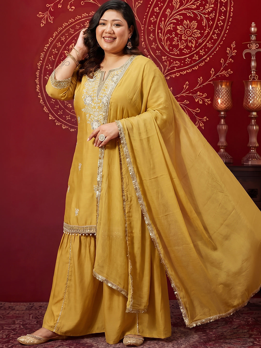 Janasya Women's Plus Size Yellow Chanderi Silk Floral Embroidered Straight Kurta with Sharara and Dupatta Set
