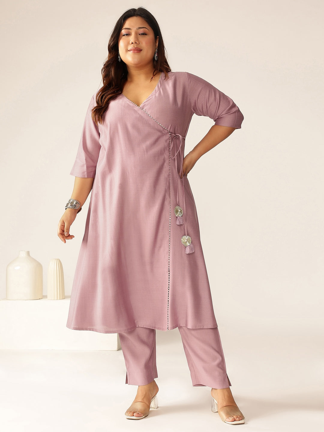 Plus Size Lavender Silk Blend Solid Angrakha Kurta Set