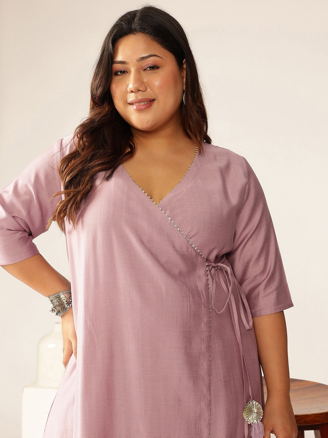 Plus Size Lavender Silk Blend Solid Angrakha Kurta Set