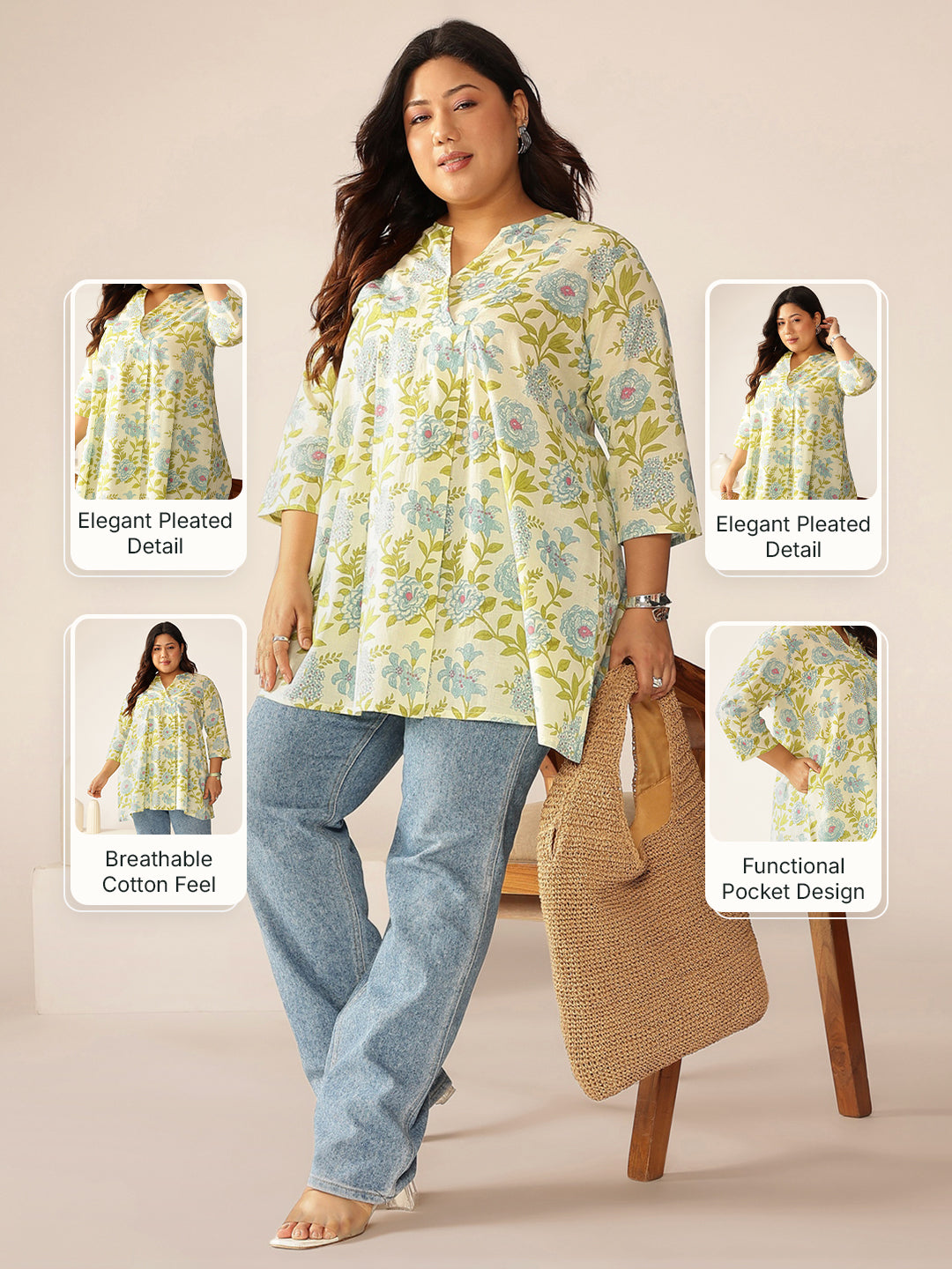 Plus Size Off White Pure Cotton Floral Printed A-line Tunic