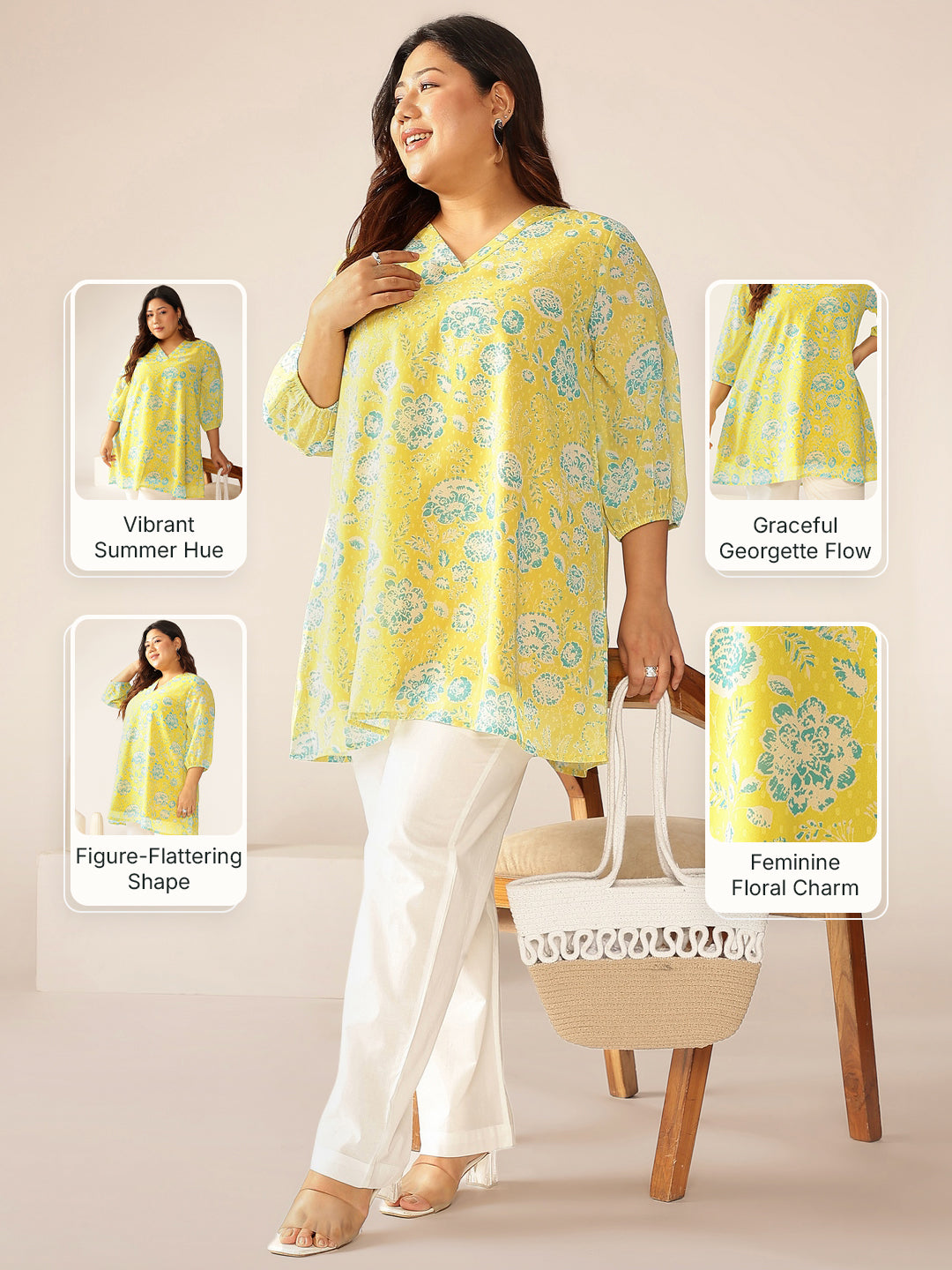 Plus Size Lime Yellow Georgette Floral Printed A-line Tunic