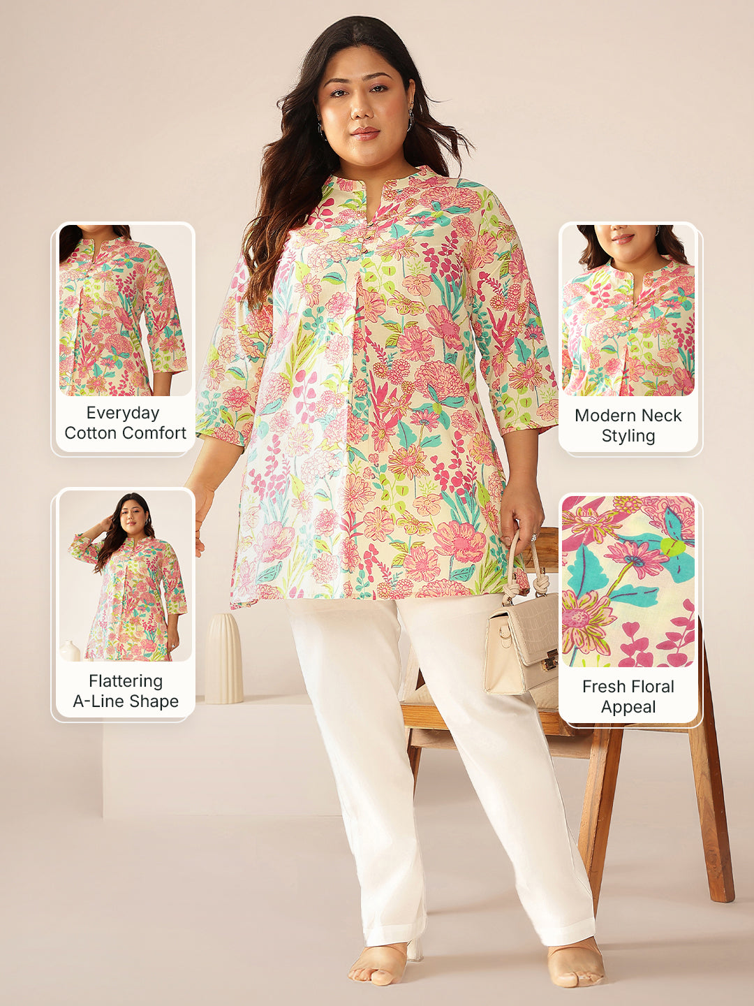 Plus Size Cream Pure Cotton Floral Printed A-line Tunic