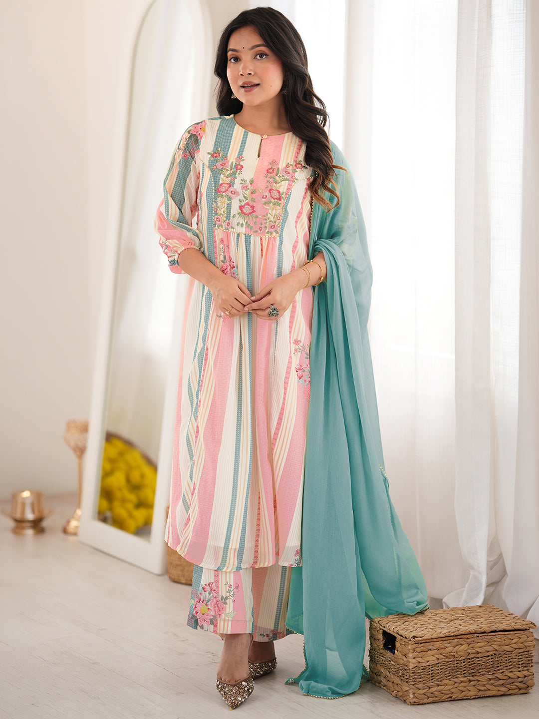 Cream Georgette Floral Embroidered A-Line Kurta Set