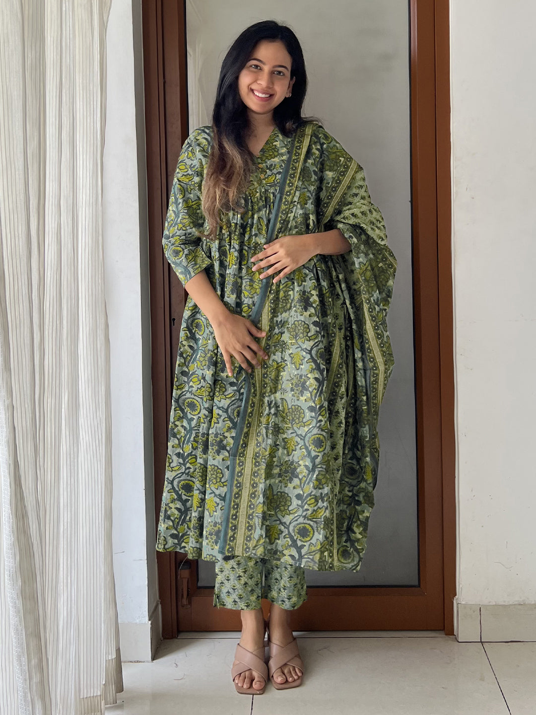 Sea Green Pure Cotton Floral Printed A-line Kurta Set