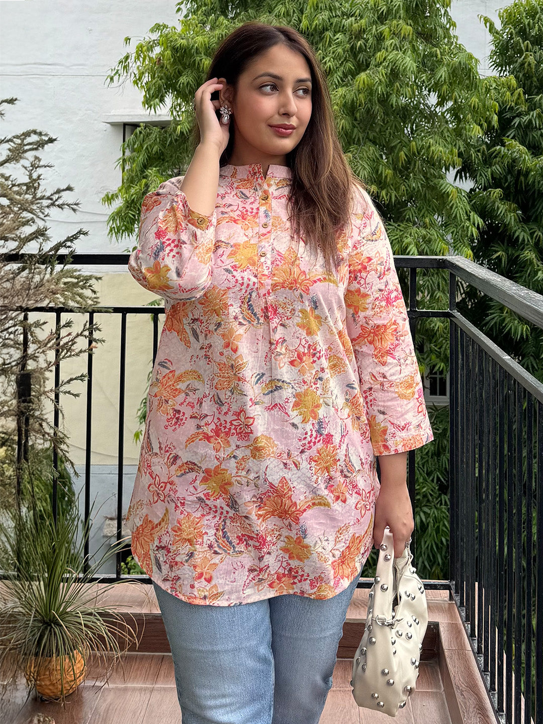 Pink Pure Cotton Floral Printed Straight Tunic