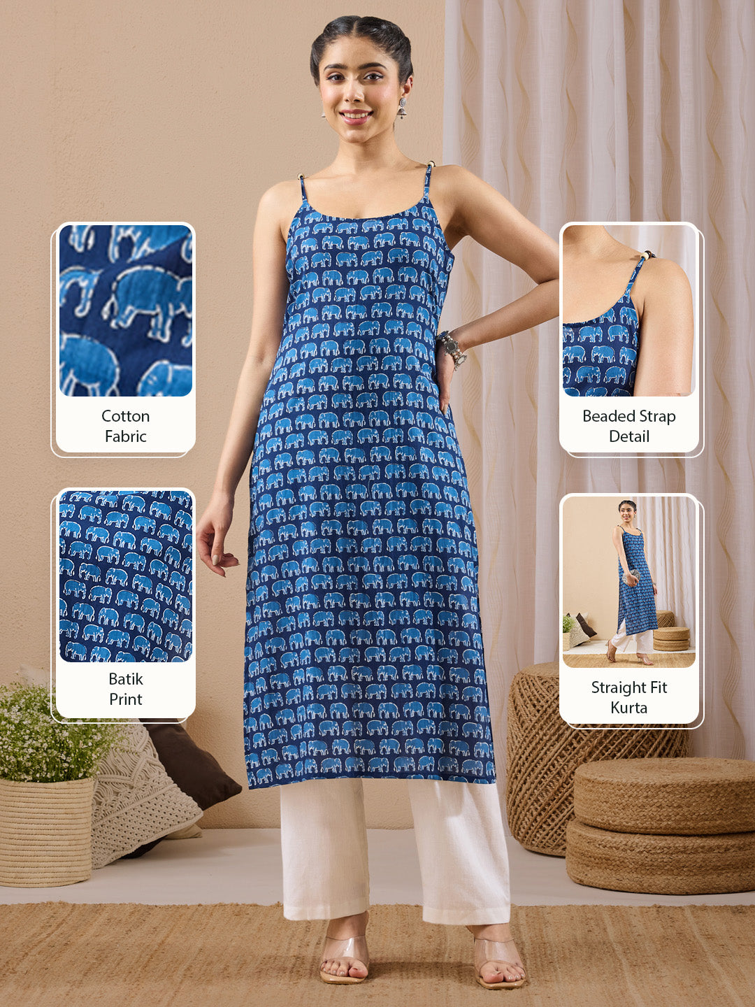 Janasya Women's Indigo Pure Cotton Animal Printed Straight Kurta