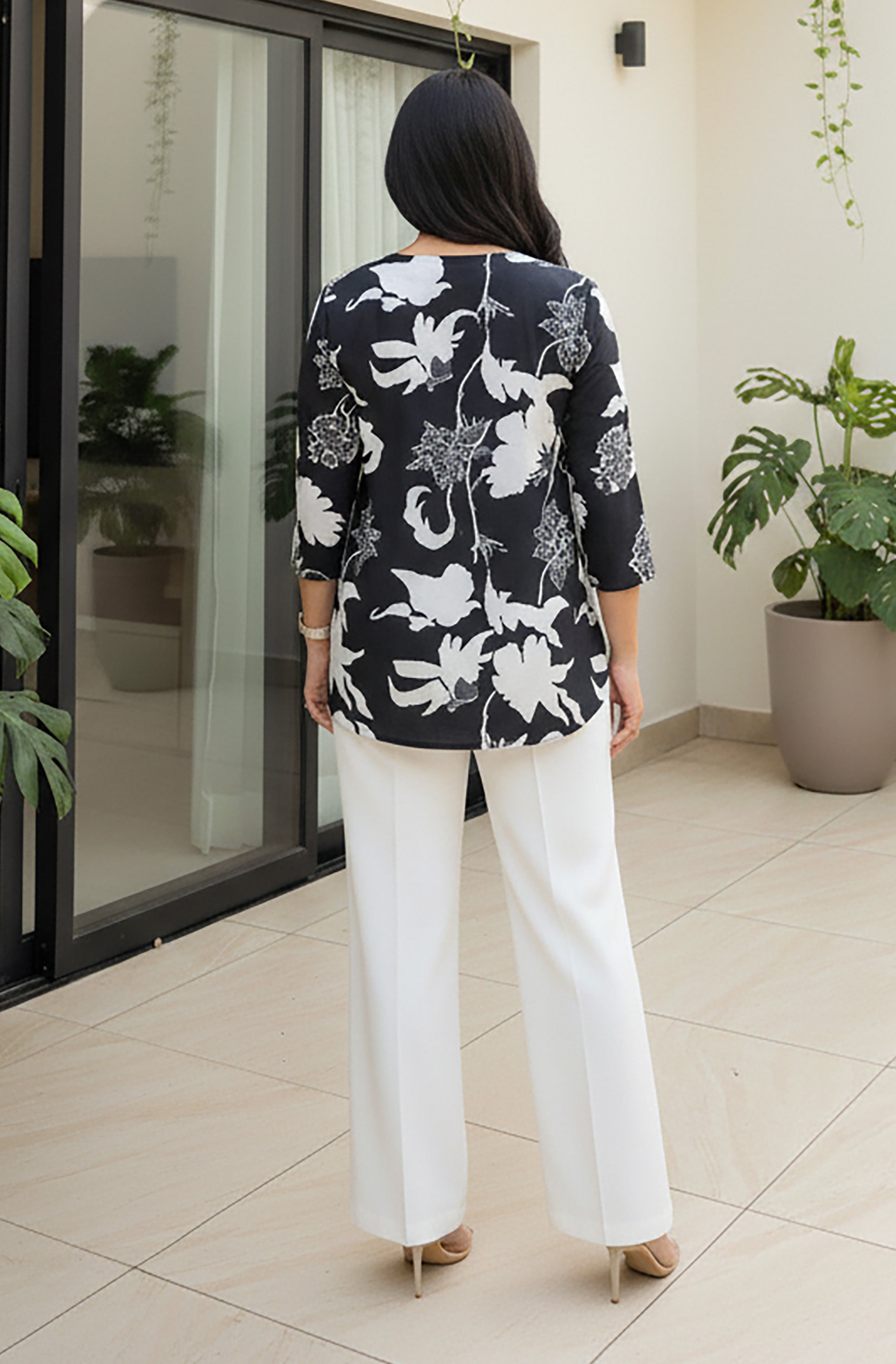 Janasya Women's Black Cotton Floral Printed A-line Top