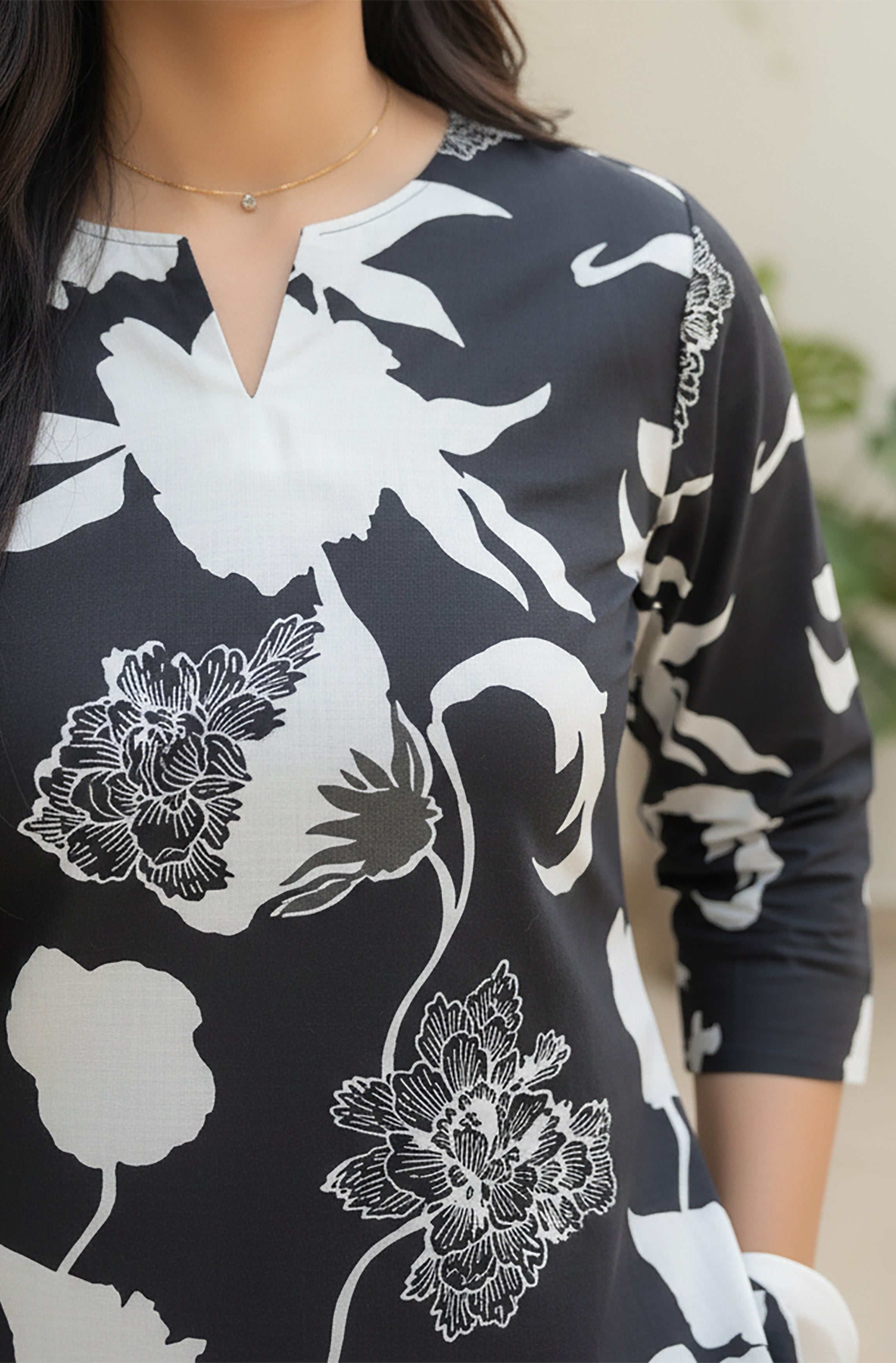 Janasya Women's Black Cotton Floral Printed A-line Top