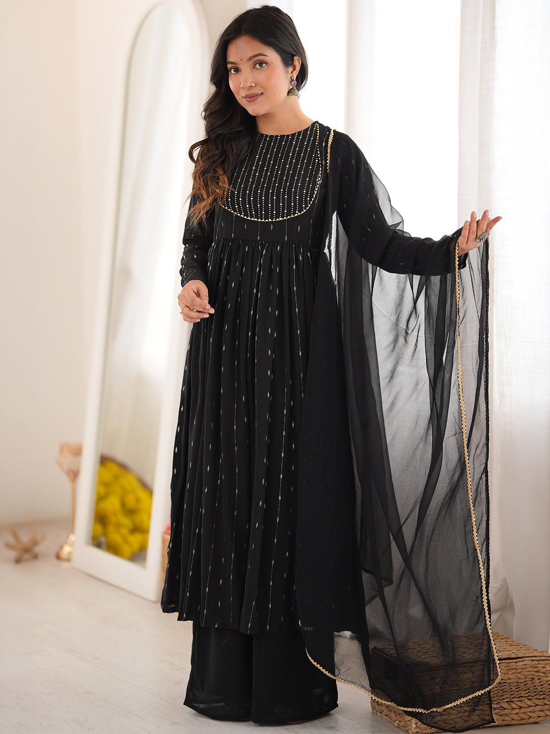 Black Georgette Foil Printed Anarkali Kurta Set