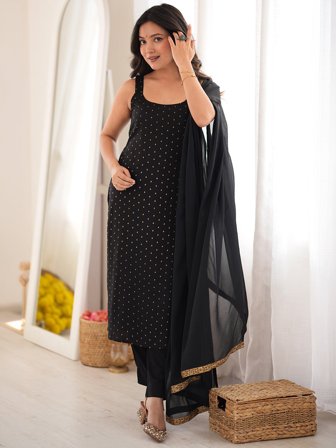 Black Rayon Foil Printed Straight Kurta Set