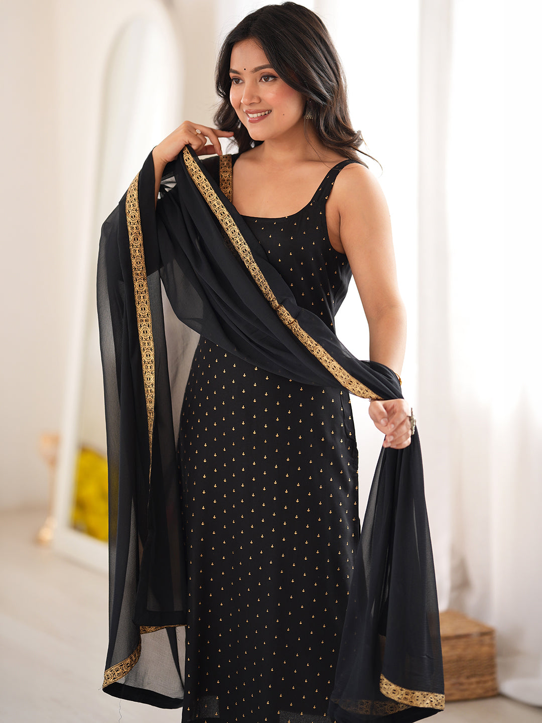 Black Rayon Foil Printed Straight Kurta Set