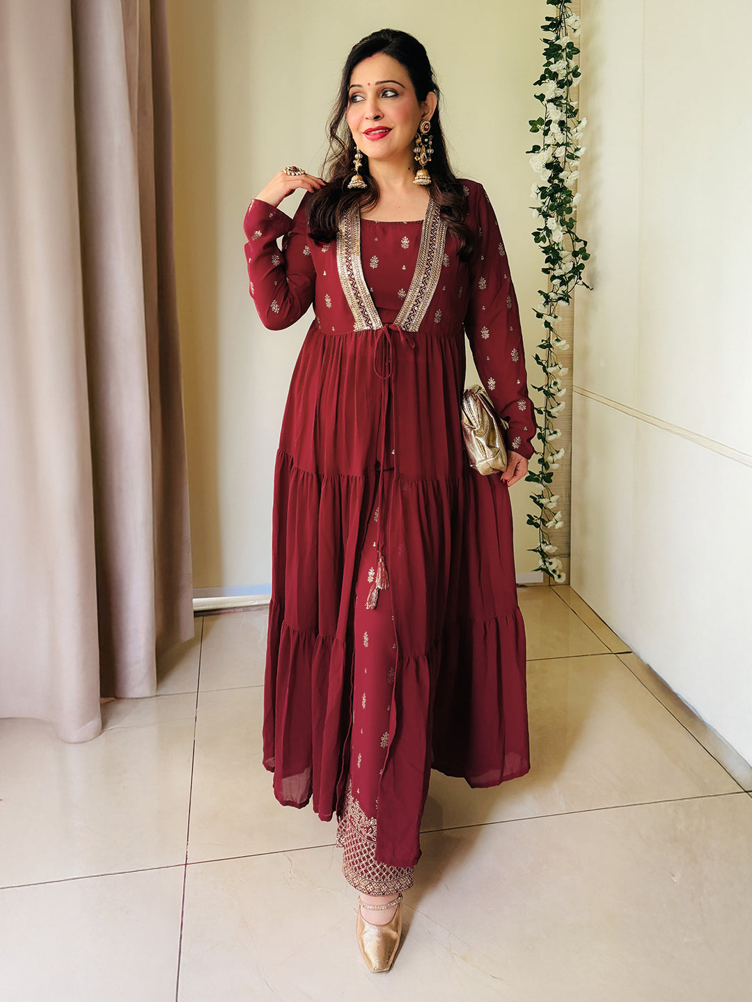Janasya Women's Maroon Georgette Embellished Foil Printed Front-open Tiered Kurta Pant Set